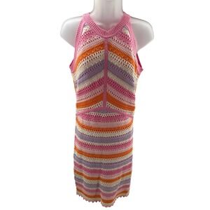 Willow & Wind Crochet Knit Pink Striped Stretch Midi Dress Womens Medium New